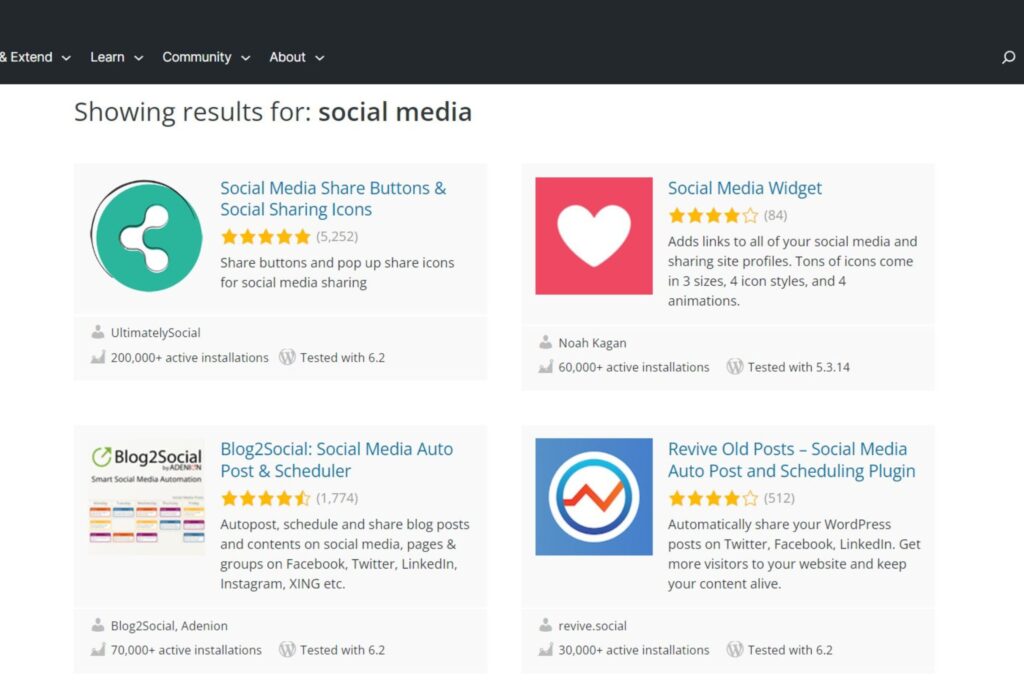 Image screen from WordPress with various social media plugins